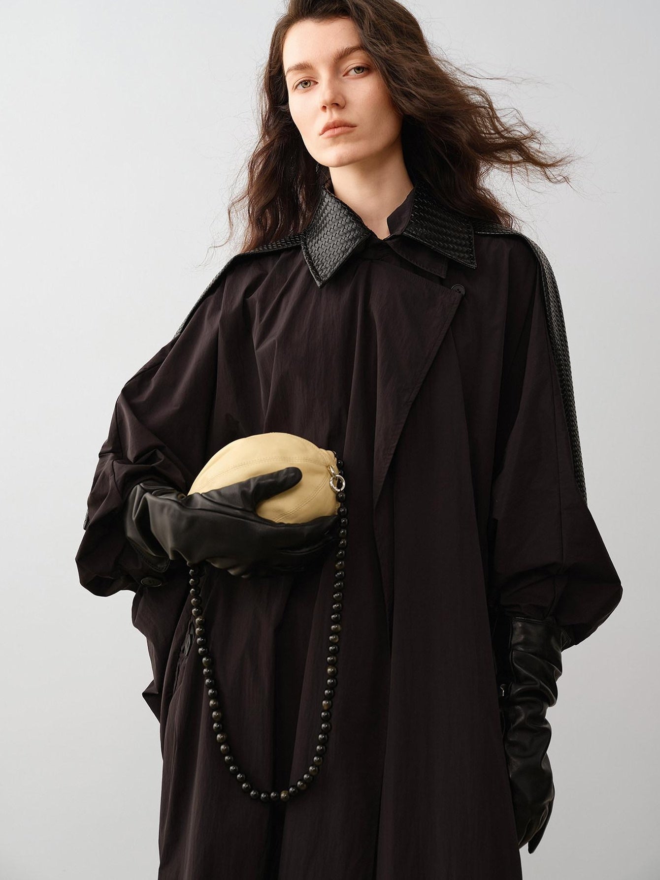audreyyang Long Polyamide Patchwork Trench Decorative Tabs Women Black Trench Coats
