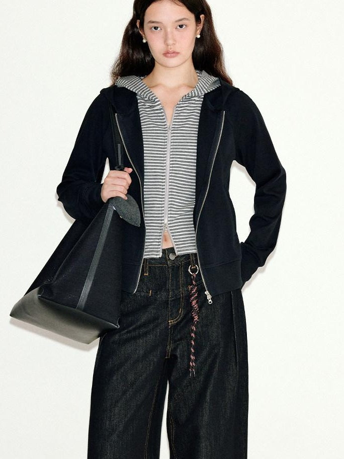 fano Striped Faux Two Piece Loose Fit Commuter Women Black Cotton Blend Hoodie