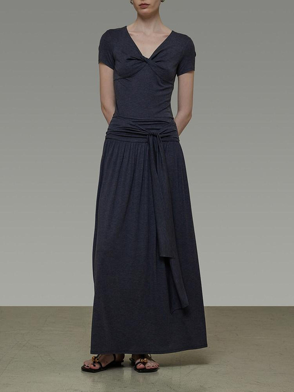 unspoken Lyocell Blend V-neck Slim Fit Minimal Workwear Women Solid Color Maxi Dresses