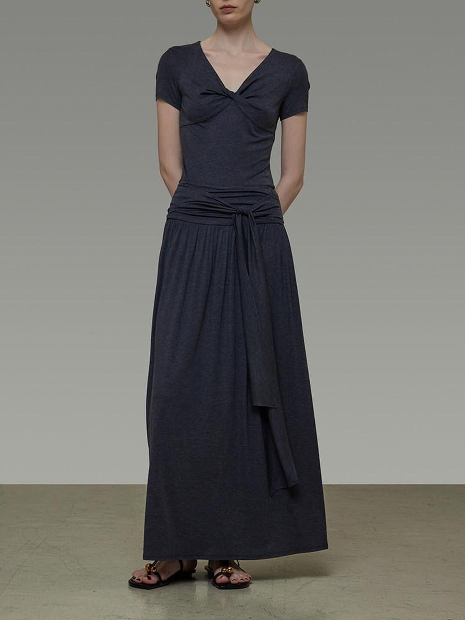 unspoken Lyocell Blend V-neck Slim Fit Minimal Workwear Women Solid Color Maxi Dresses