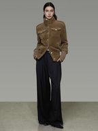 unspoken Thick Warm Stand Collar Slim Fit Minimal Office Brown Nylon Blend Short Coat