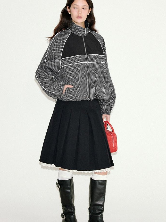 fano Sweet Lace Pleated Mid Waist Paneled Casual Women Black Midi Skirts