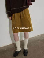 Lofi choose Cotton Pleated Vintage Aline Elastic Waist Loose Workwear Midi Skirts