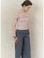 someonesometimes Lace Tie Slim Fit Short Solid Mauve Cream Daily Chic Off Shoulder Crop Tops
