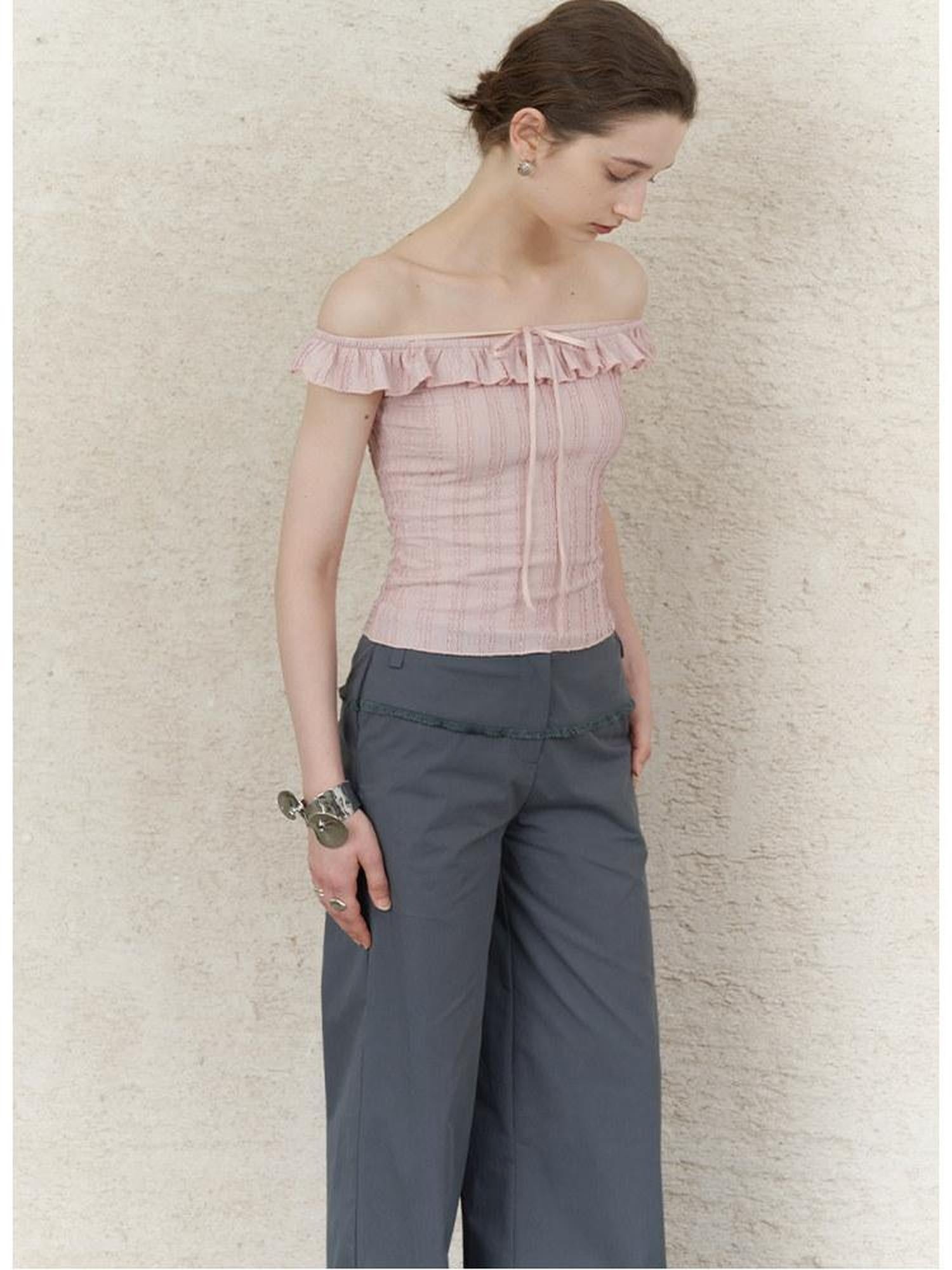 someonesometimes Lace Tie Slim Fit Short Solid Mauve Cream Daily Chic Off Shoulder Crop Tops