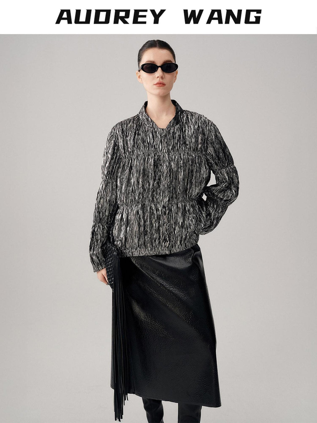 audreyyang Original Design Pleated Loose Fit Womens Cropped Silver Bomber Jackets