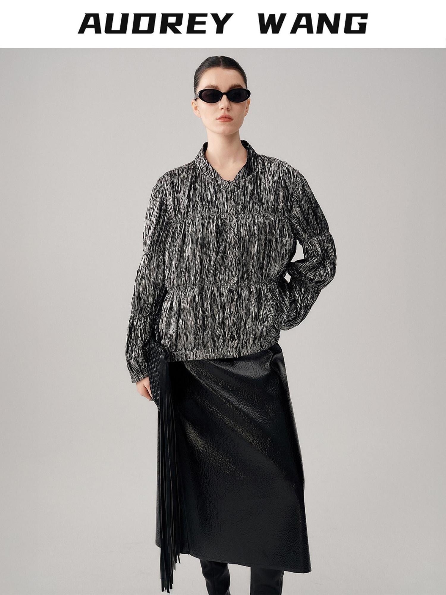 audreyyang Original Design Pleated Loose Fit Womens Cropped Silver Bomber Jackets