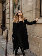 audreyyang 100% Sheep Wool Double Breasted Midlength Straight Women Black Wool Coats