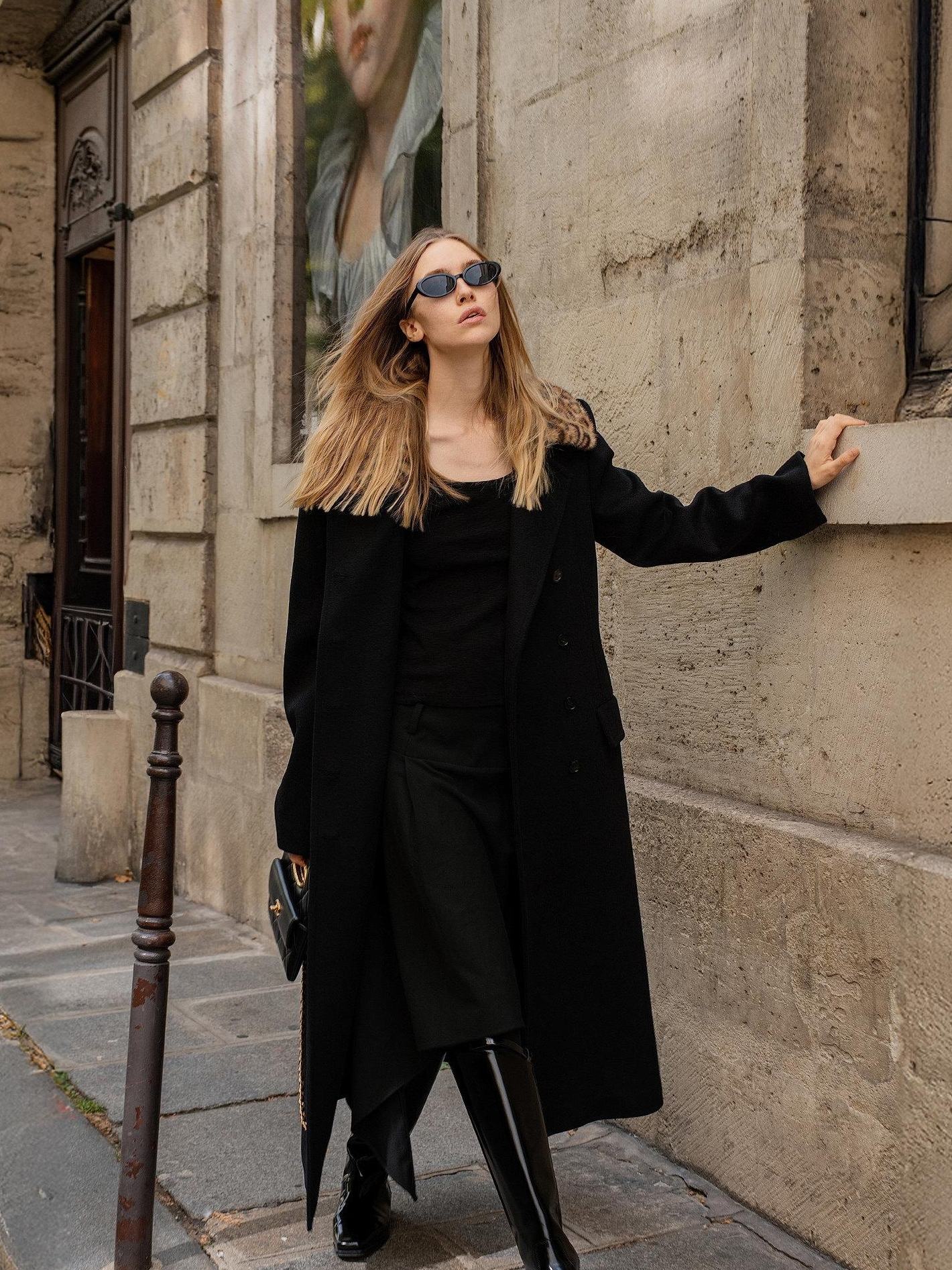 audreyyang 100% Sheep Wool Double Breasted Midlength Straight Women Black Wool Coats