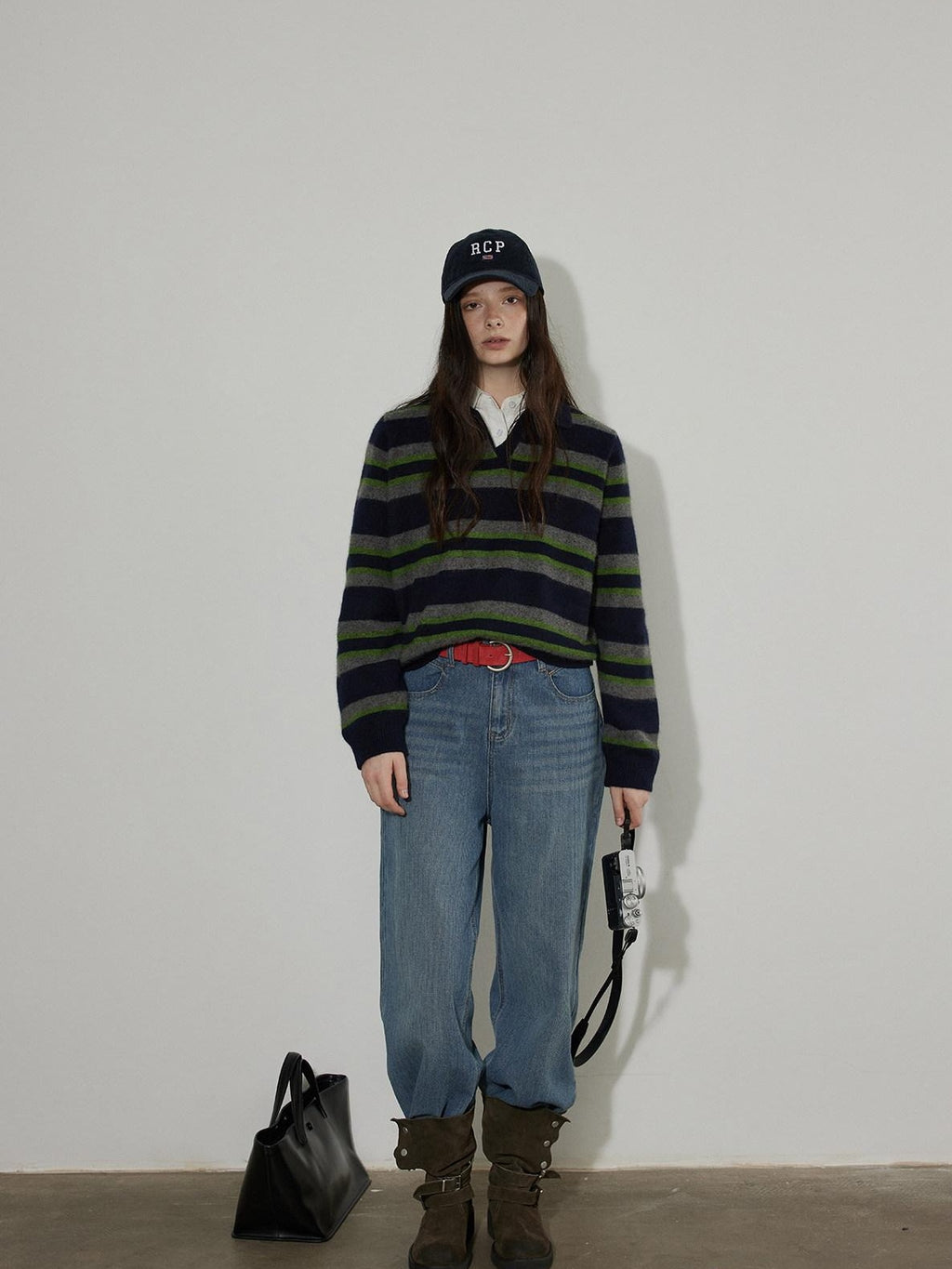 Lofi choose Soft Knitted Pullover Commuter Oversized Polo Collar Striped Women Sweaters