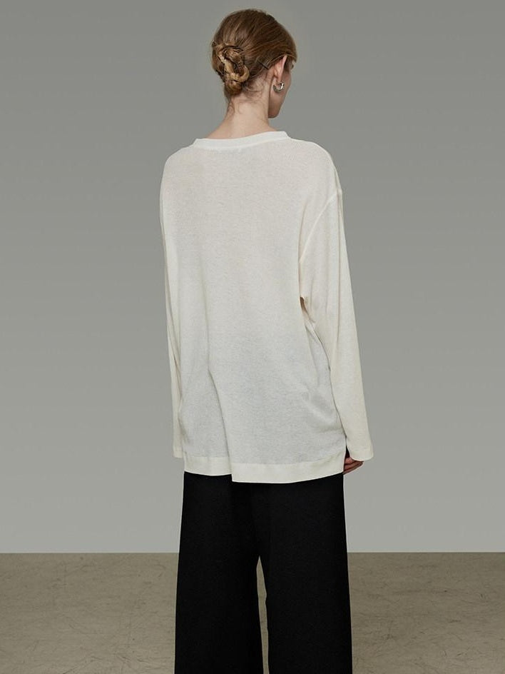 unspoken Lightweight Printed Minimalist Loose Round Neck Women Cream Pullover Sweaters