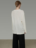 unspoken Lightweight Printed Minimalist Loose Round Neck Women Cream Pullover Sweaters