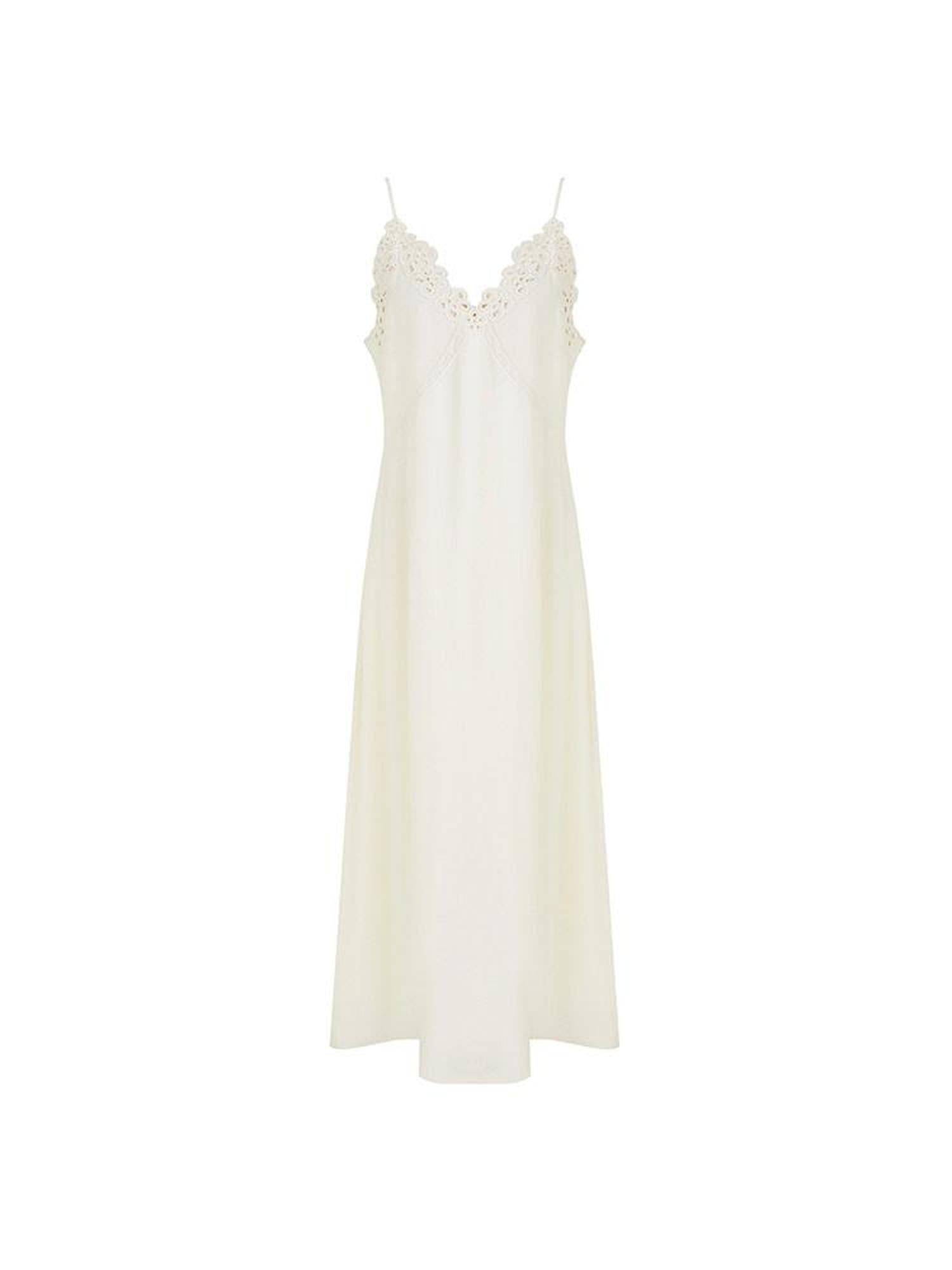 unspoken Embroidered Tencel A Line Cami V-neck Natural Waist Office White Maxi Dresses