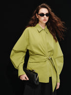 audreyyang Shape Retaining Casual Relaxed Tie Drop Shoulder Women Cotton Blend Shirts