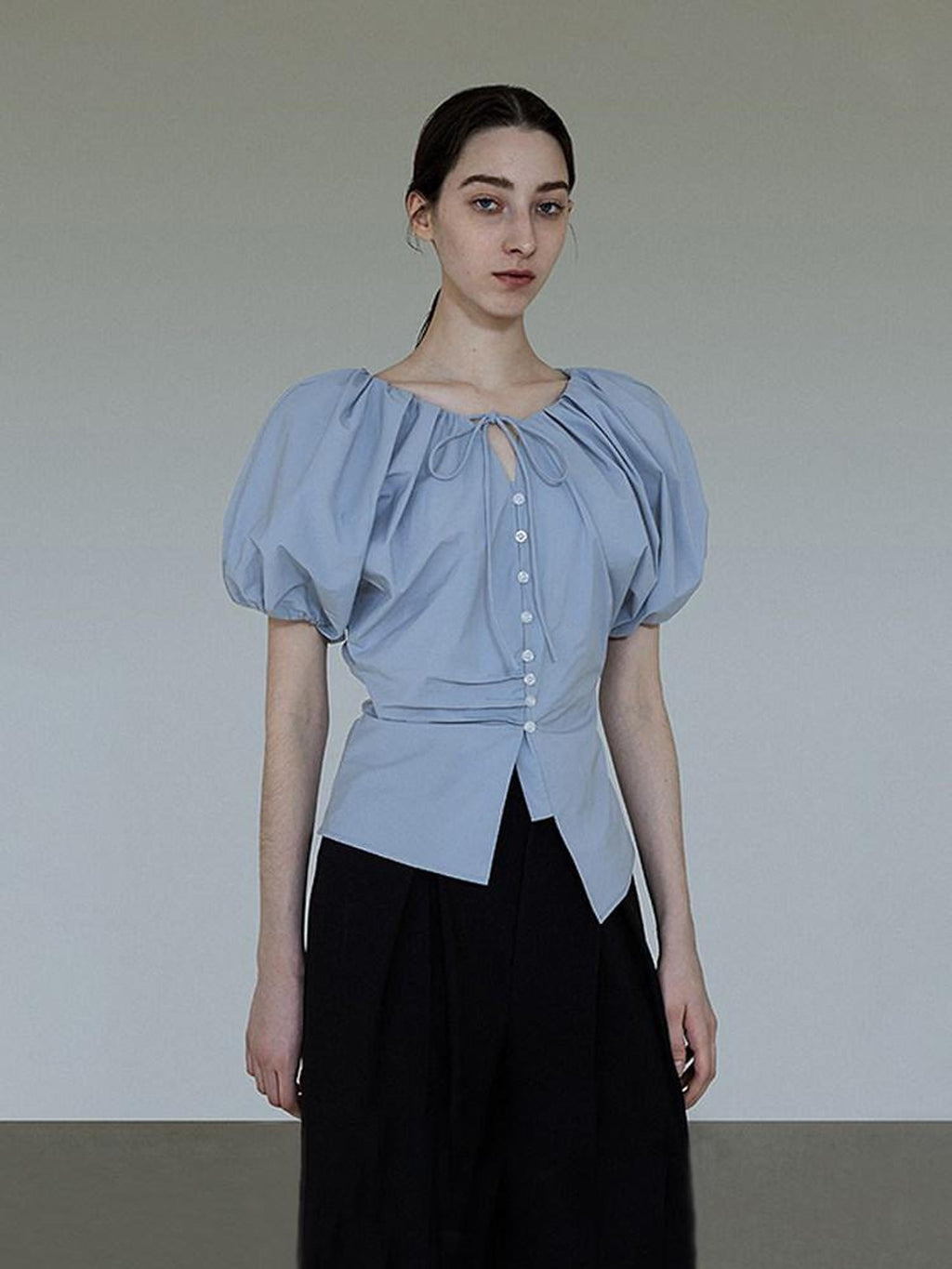 unspoken Breathable Cotton Tie Waist Puff Sleeve Commuter Women Round Neck Button Blouses