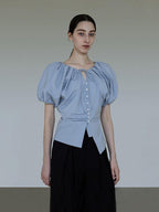 unspoken Breathable Cotton Tie Waist Puff Sleeve Commuter Women Round Neck Button Blouses