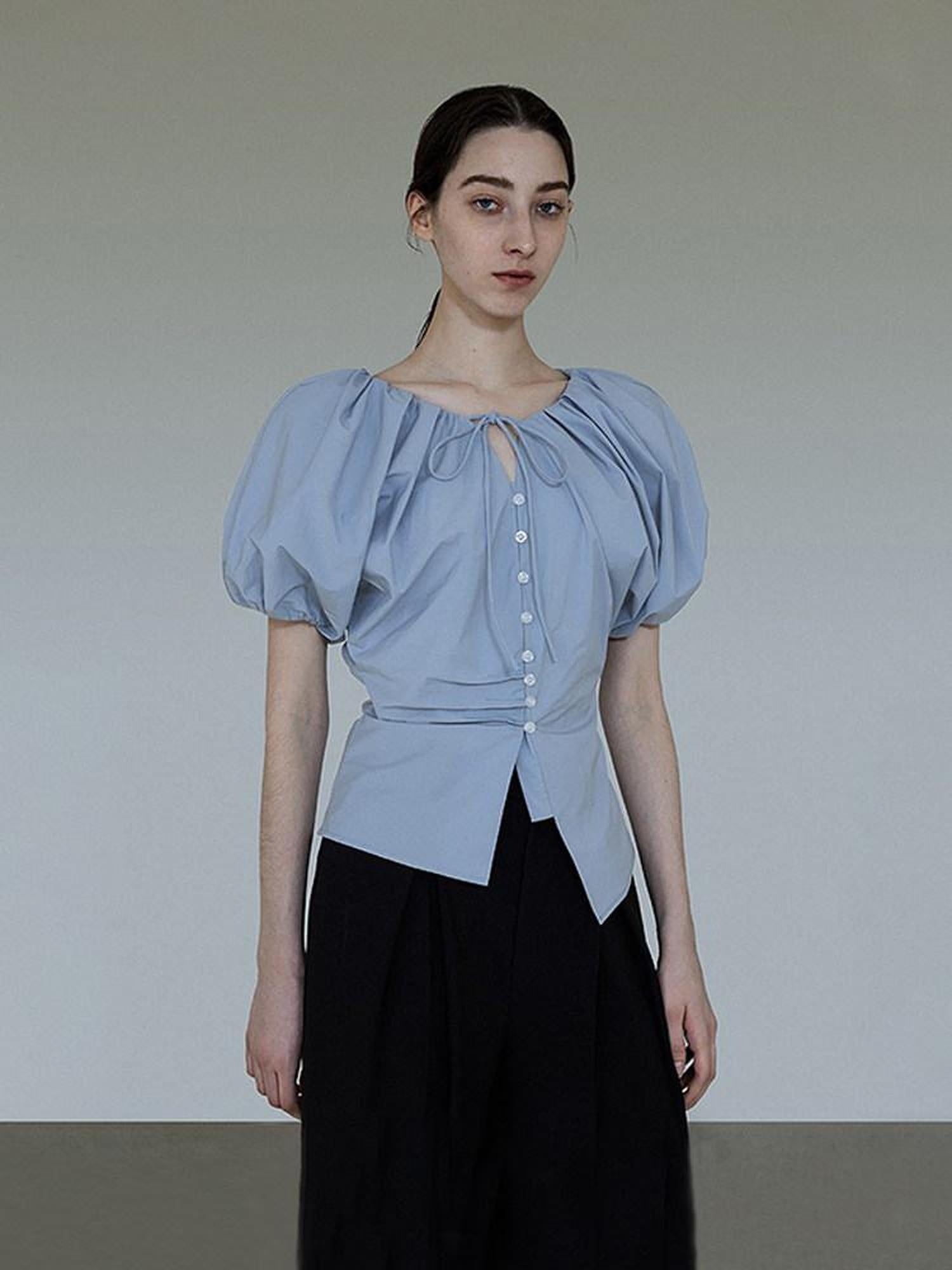 unspoken Breathable Cotton Tie Waist Puff Sleeve Commuter Women Round Neck Button Blouses