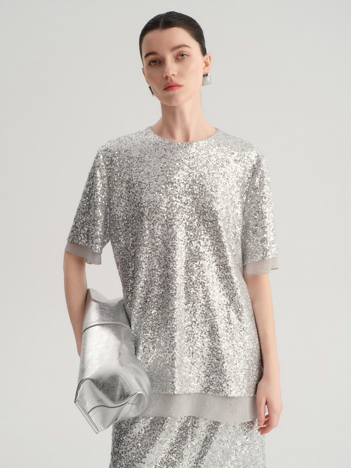 audreyyang Sparkling Sequin Casual Loose Fit Women Crew Neck Top & Skirt Sets