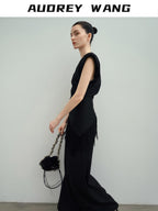 audreyyang Drawstring Pleated Loose V-neck Black Solid Women Off Shoulder Crop Tops