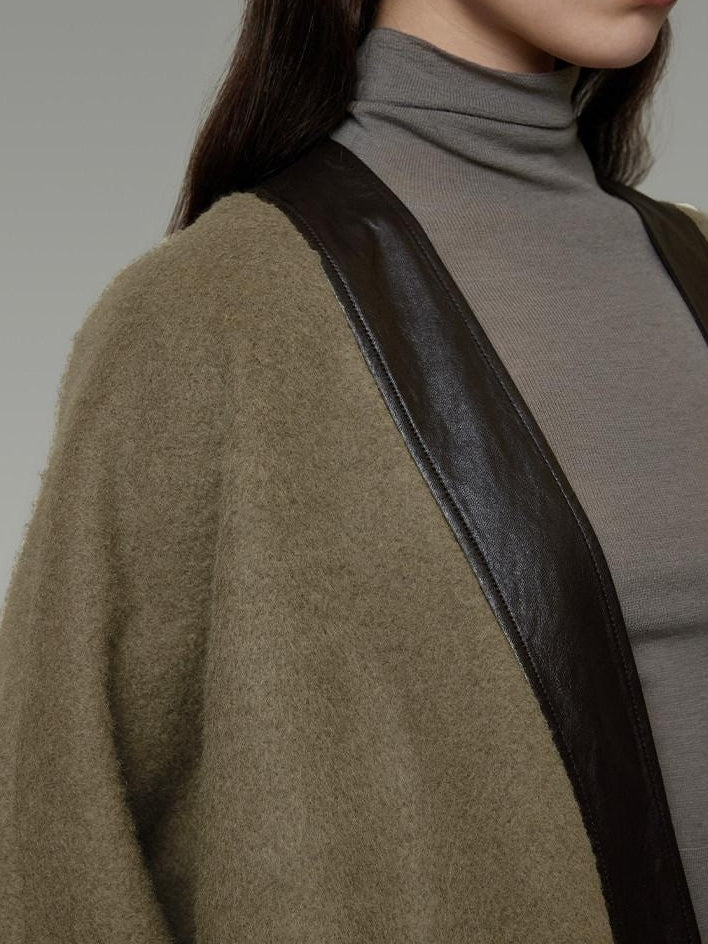 unspoken Minimal Patchwork Loose Fit V-neck Tie Closure Women Commuter Wool Coats