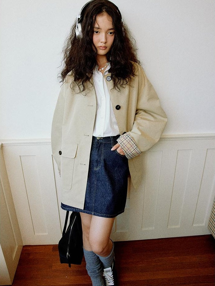 fano Khaki Black Contrast Short Cotton Blend Single Breasted Women Trench Coats