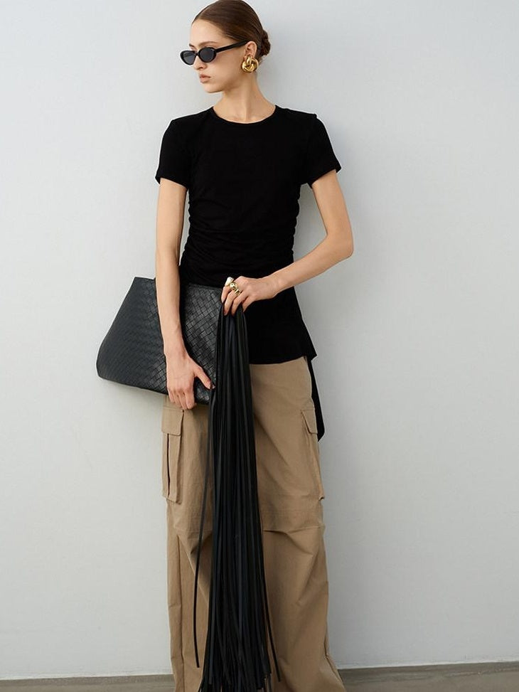 audreyyang Modal Cotton Ruched Commuter Slim Round Neck Womens Black Short Sleeve T-Shirts