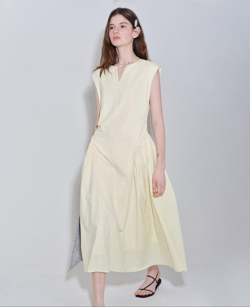 fano Pure Cotton Minimalist V-neck Sleeveless A Line Casual Women Yellow Maxi Dresses
