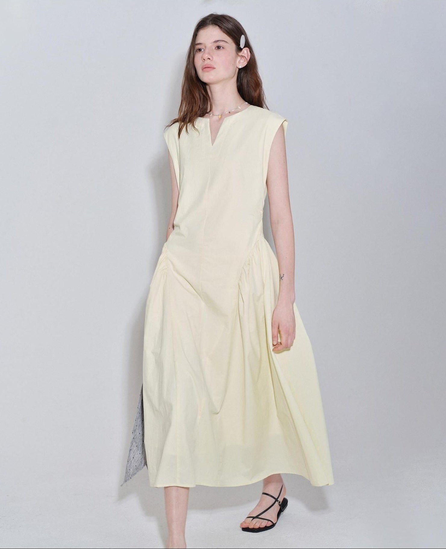 fano Pure Cotton Minimalist V-neck Sleeveless A Line Casual Women Yellow Maxi Dresses