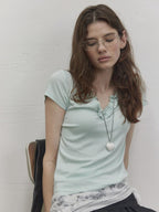 Lofi choose Comfortable V-neck Slim Fit Casual Women Dark Gray Green Short Sleeve T-Shirts