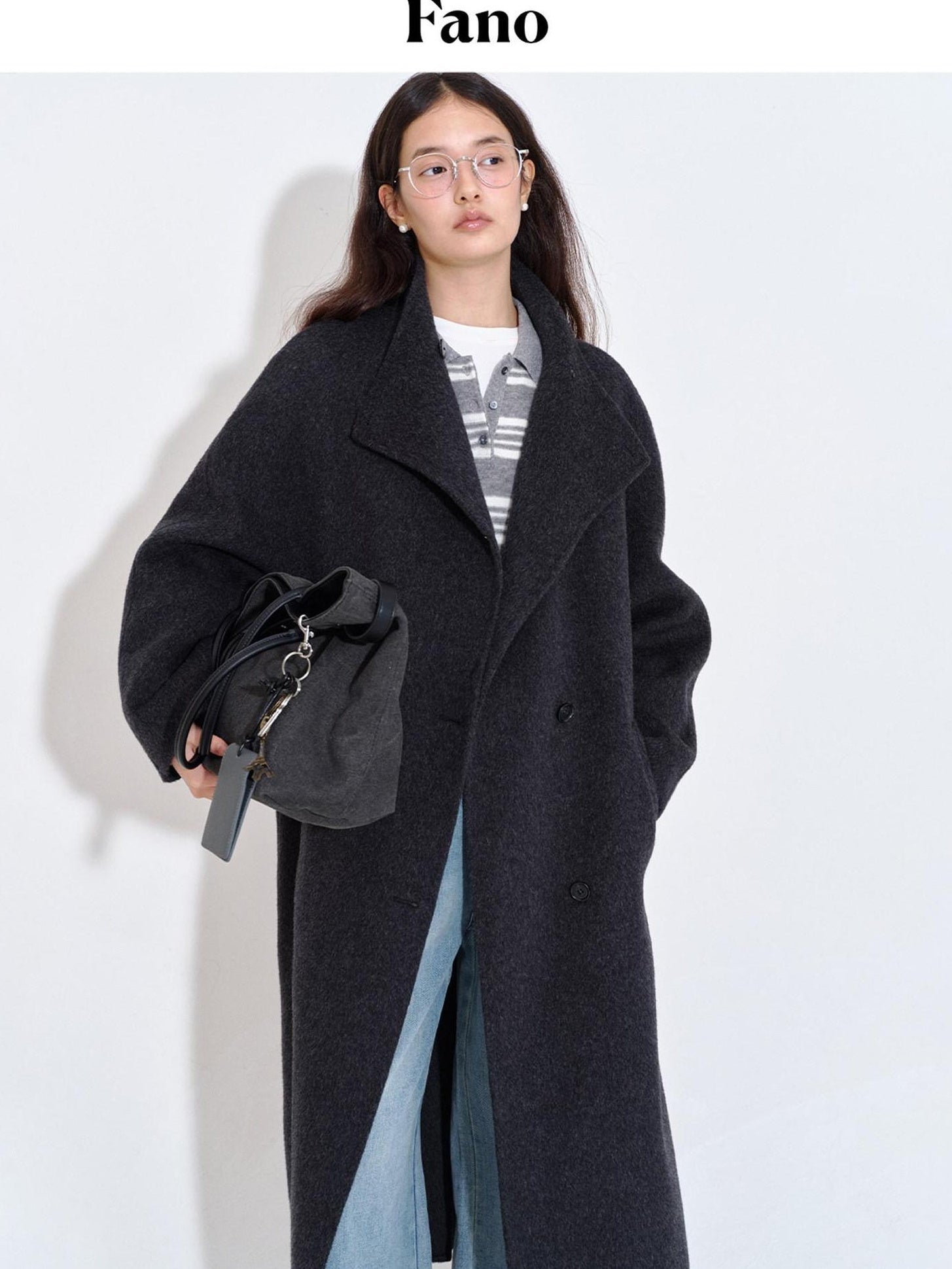 fano Pure Wool Single Breasted Lapel Midlength Straight Korean Women Gray Wool Coats