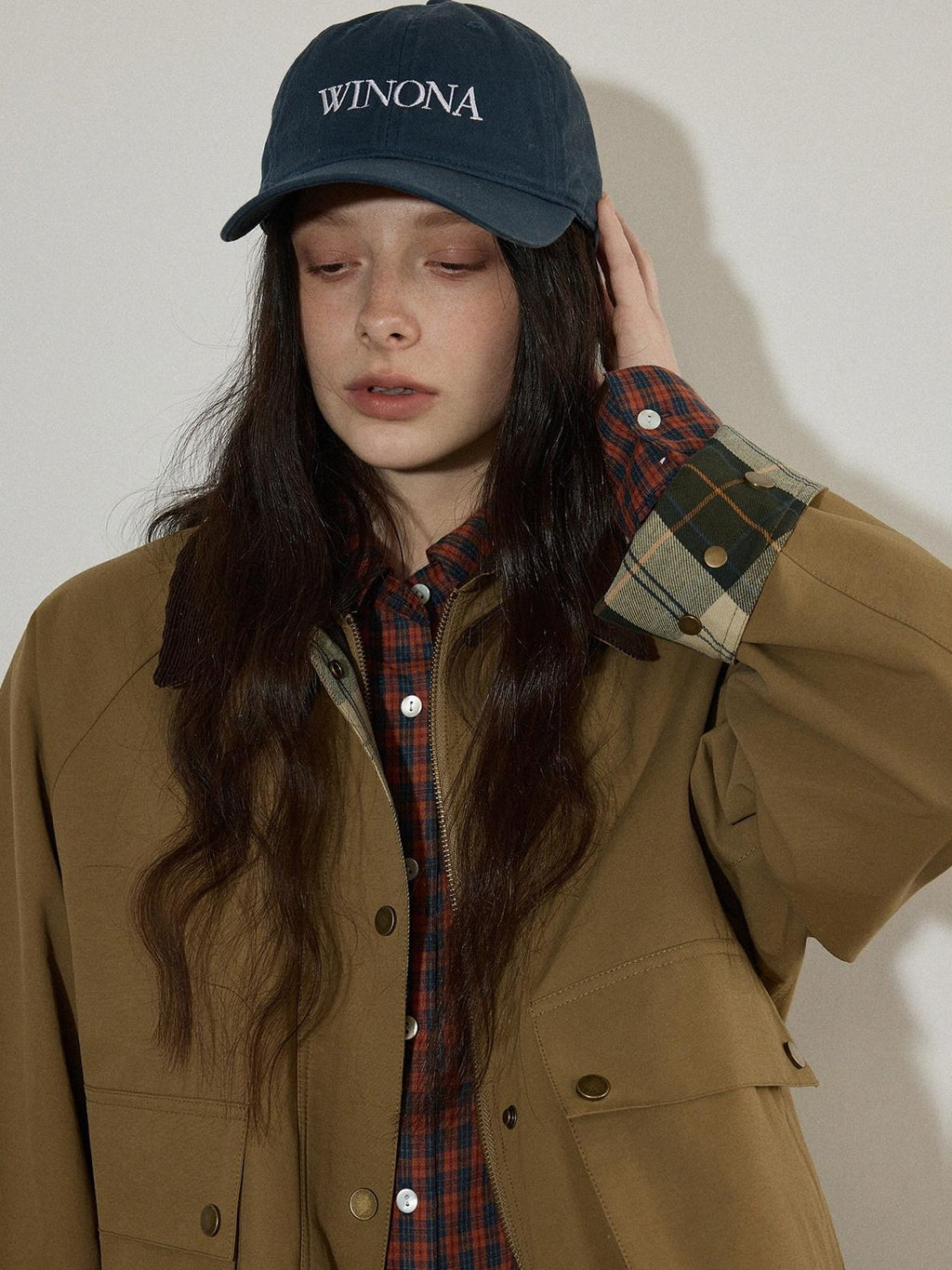 Lofi choose Plaid Zip Front Loose Fit Commuter Long Sleeve Women Sand Khaki Cropped Jackets