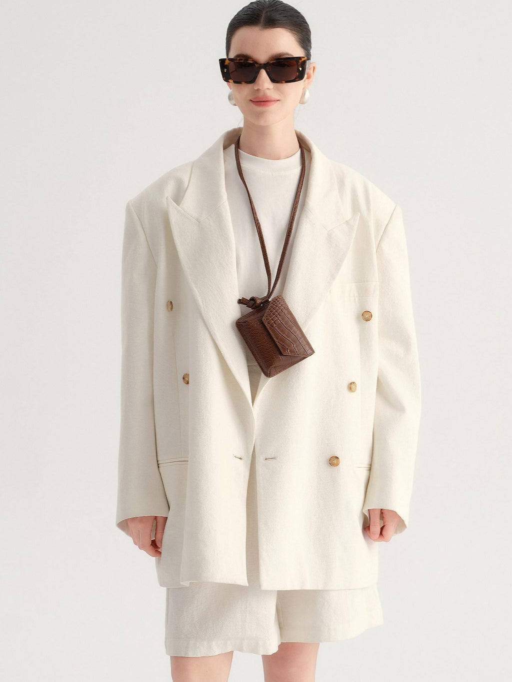 audreyyang Minimal Double Breasted Notch Lapel Midlength Loose Fit Women White Blazers