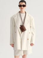 audreyyang Minimal Double Breasted Notch Lapel Midlength Loose Fit Women White Blazers
