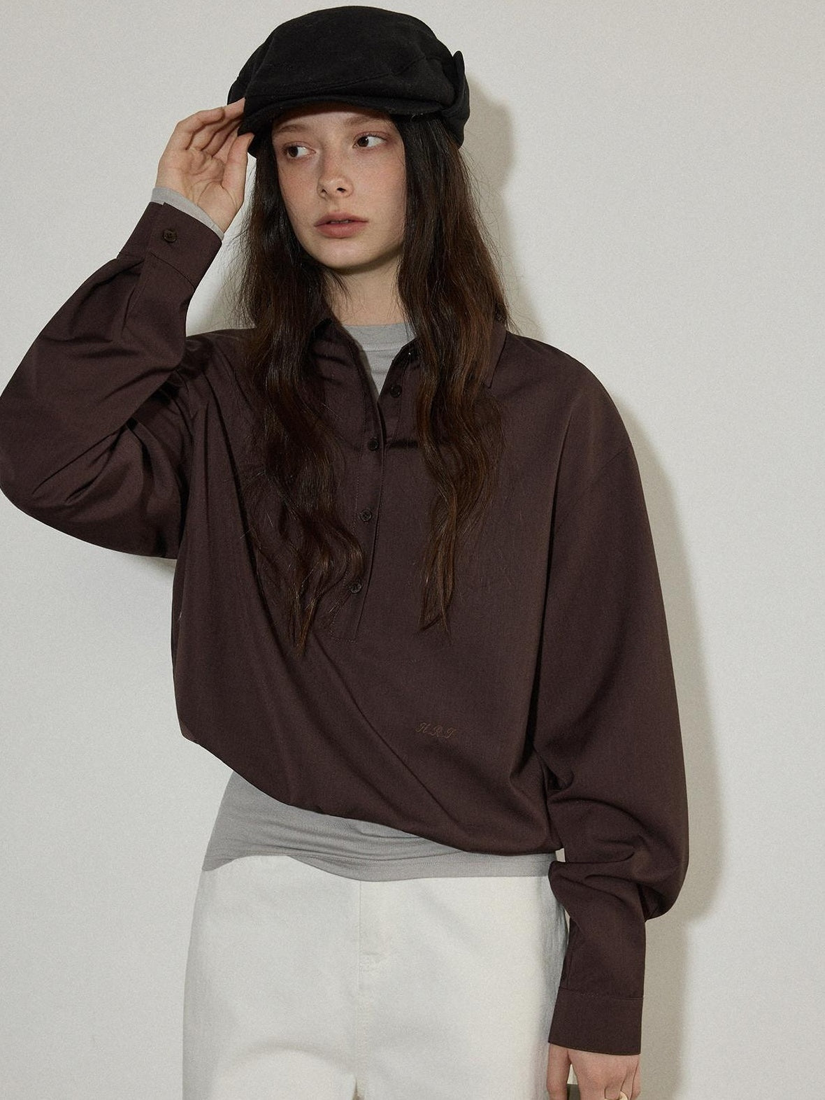 Lofi choose Embroidered Loose Drop Shoulder Collared Workwear For Women Polyester Blouses