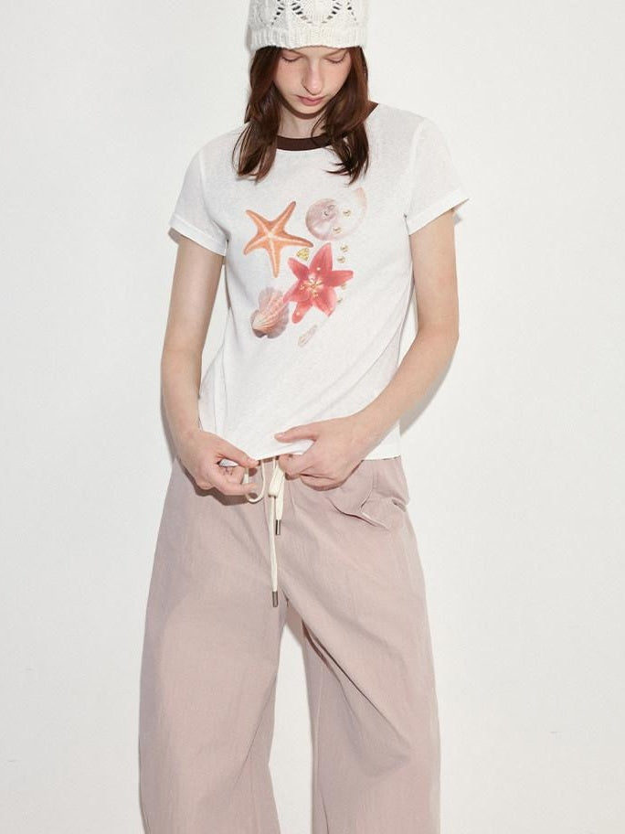 fano Pink Cotton Blend Drawstring Natural Waist Loose Korean Office Wide Leg Pants