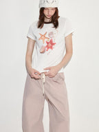 fano Pink Cotton Blend Drawstring Natural Waist Loose Korean Office Wide Leg Pants