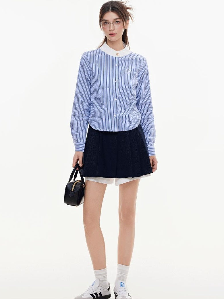 ikyou Breathable Cottonblend Slim Fit Embroidered Stripe Round Neck Women Tops Blouses