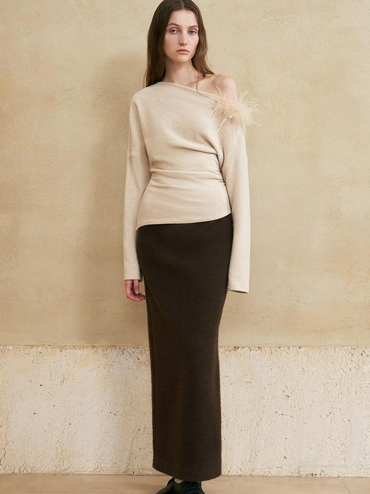 someonesometimes 3D Embellished Asymmetrical Neck Slim Crop Knit Wool Blend Sweaters