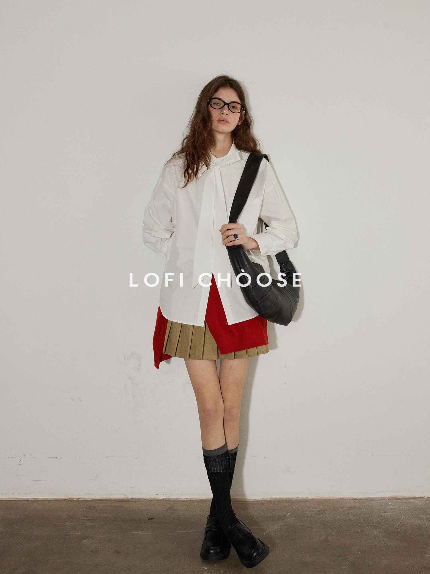 Lofi choose Elegant Ribbon Tie Neck Office Loose Fit Long Sleeve Button Blouses