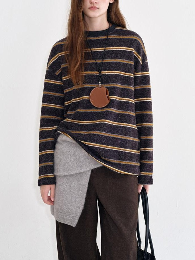 fano Acrylic Knit Striped Crew Neck Oversized Casual Women Long Sleeve T-Shirts