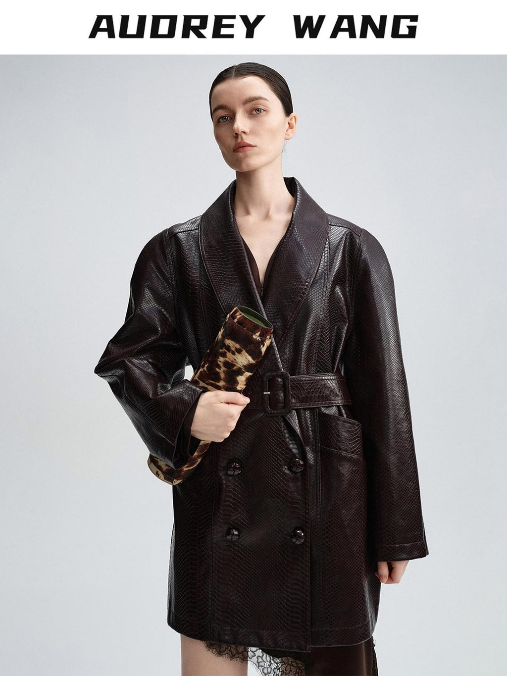 audreyyang Thick Vintage Croc Embossed Doublebreasted Midlength Women Pu Leather Jackets