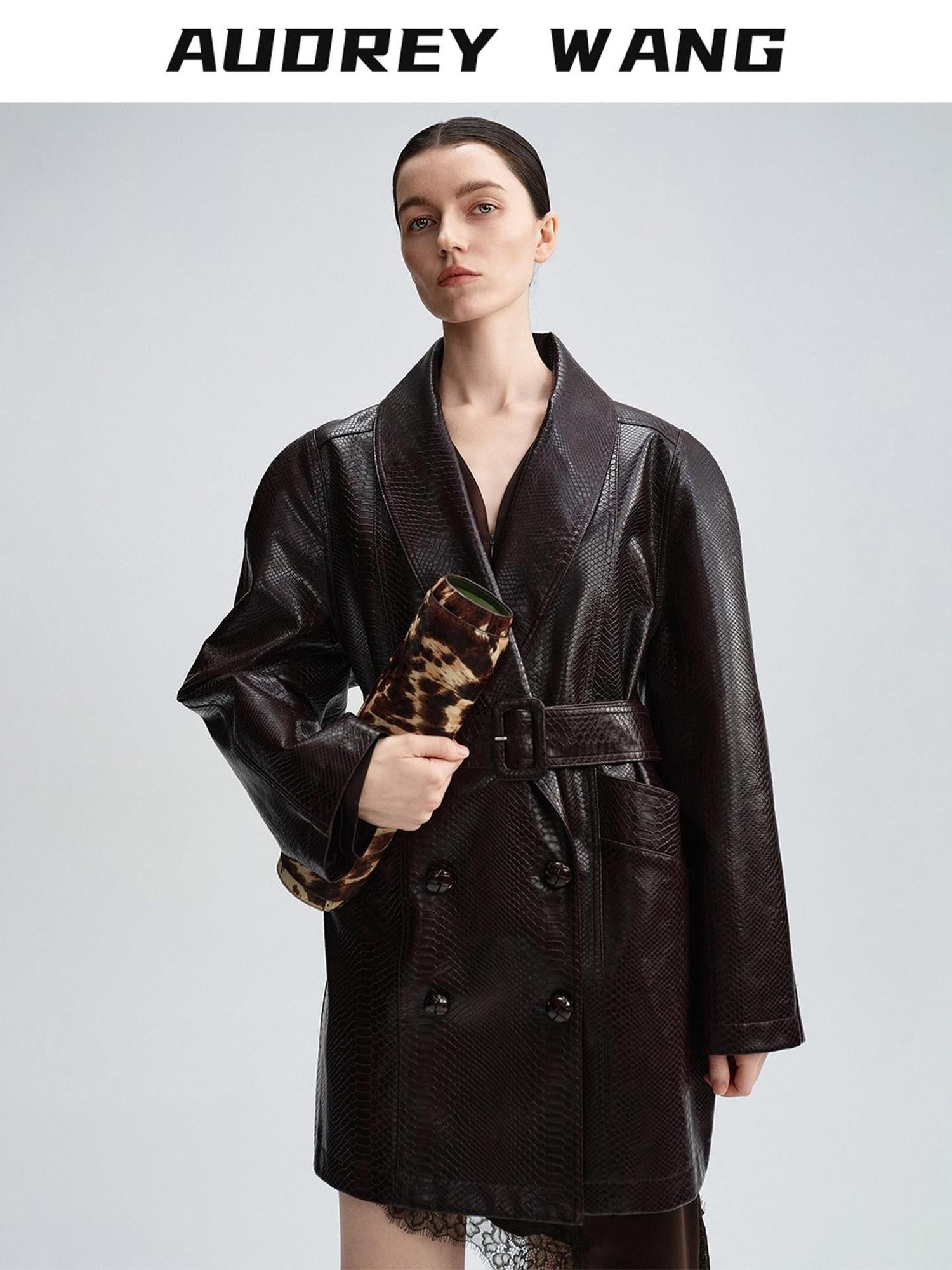 audreyyang Thick Vintage Croc Embossed Doublebreasted Midlength Women Pu Leather Jackets