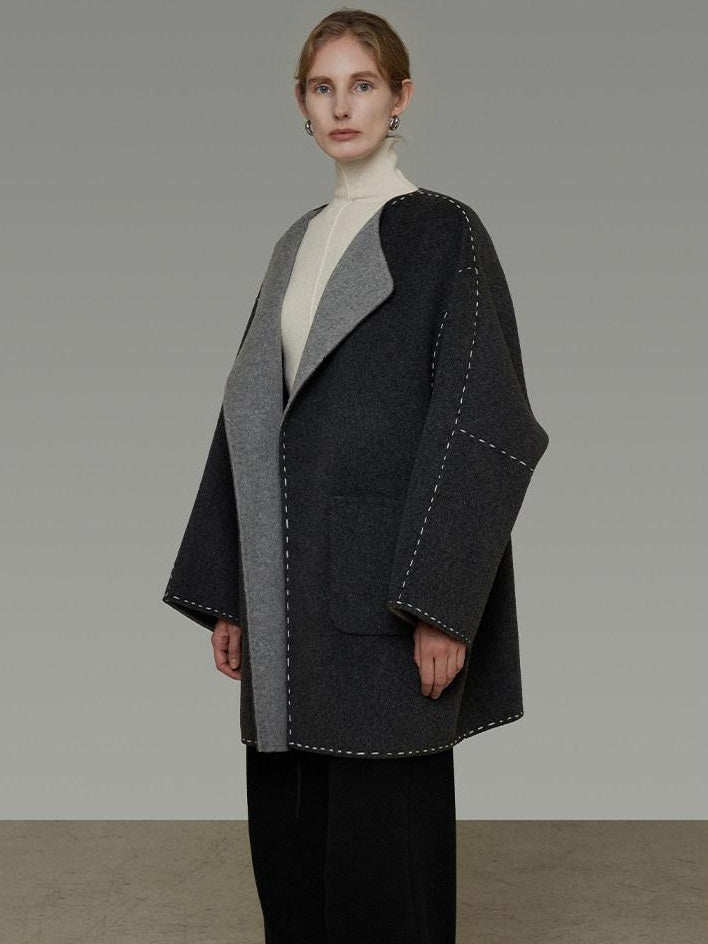 unspoken Warm Thick 3D Tailored Loose Fit Lapel Collar Commuter Women Charcoal Wool Coats