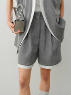 audreyyang Stretch Linen Blend Straight Natural Waist Office Mid-Length Shorts
