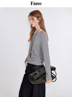 fano Soft Faux Cashmere Relaxed Fit Office Women Solid Long Sleeve T-Shirts