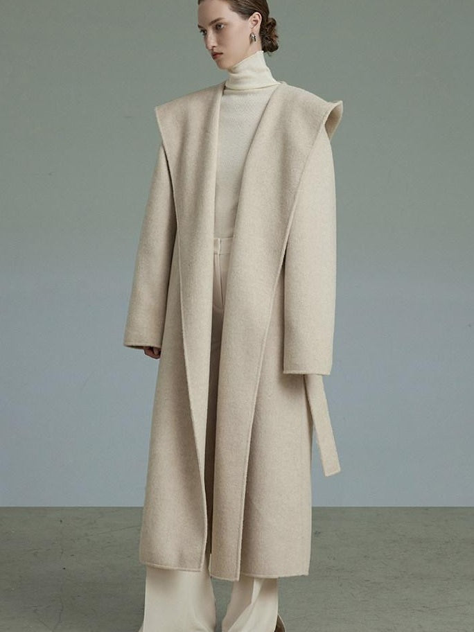 unspoken Warm Wool Alpaca Blend Hooded Straight Long Minimal Commuter Oatmeal Wool Coats