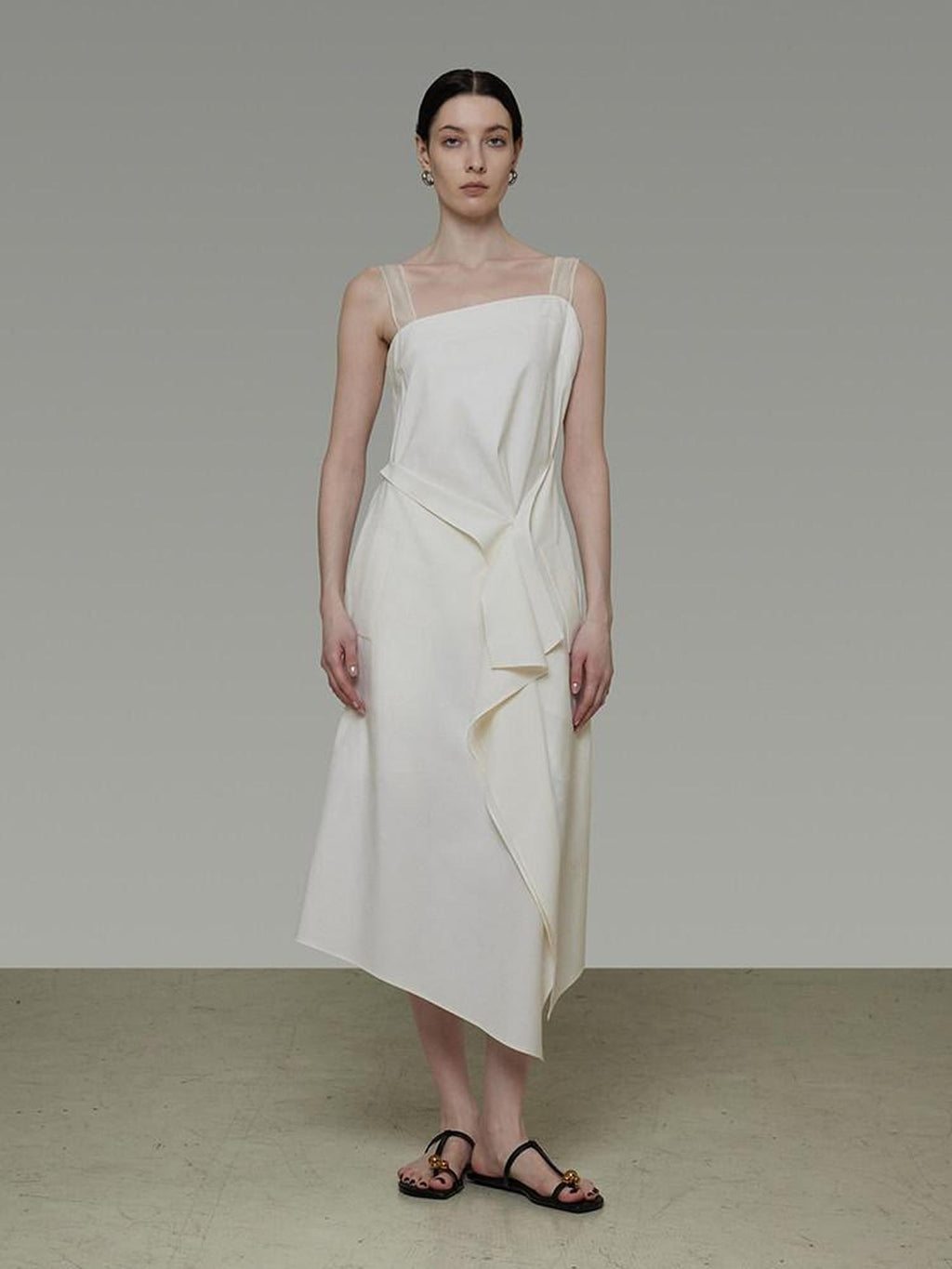 unspoken Cinched Waist Minimalist Asymmetric Spaghetti Strap A Line Midi Maxi Dresses