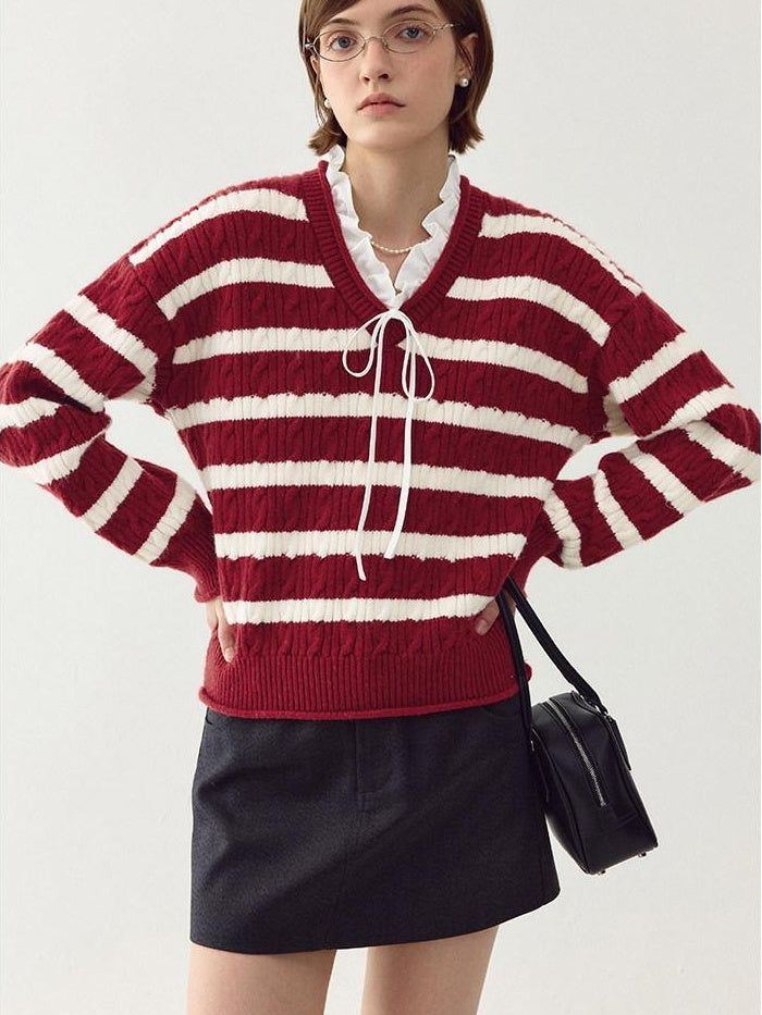 fano Ruffle Detail Loose Fit Commuter V-neck Long Sleeve Striped Women Sweaters