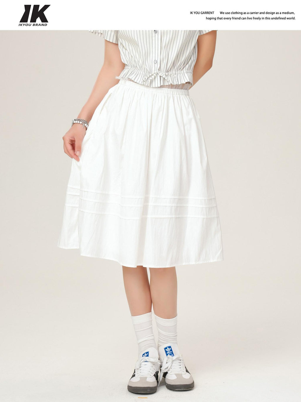 ikyou High Waist 100 Percent Cotton Resin Colorfast A Line Casual White Midi Skirts