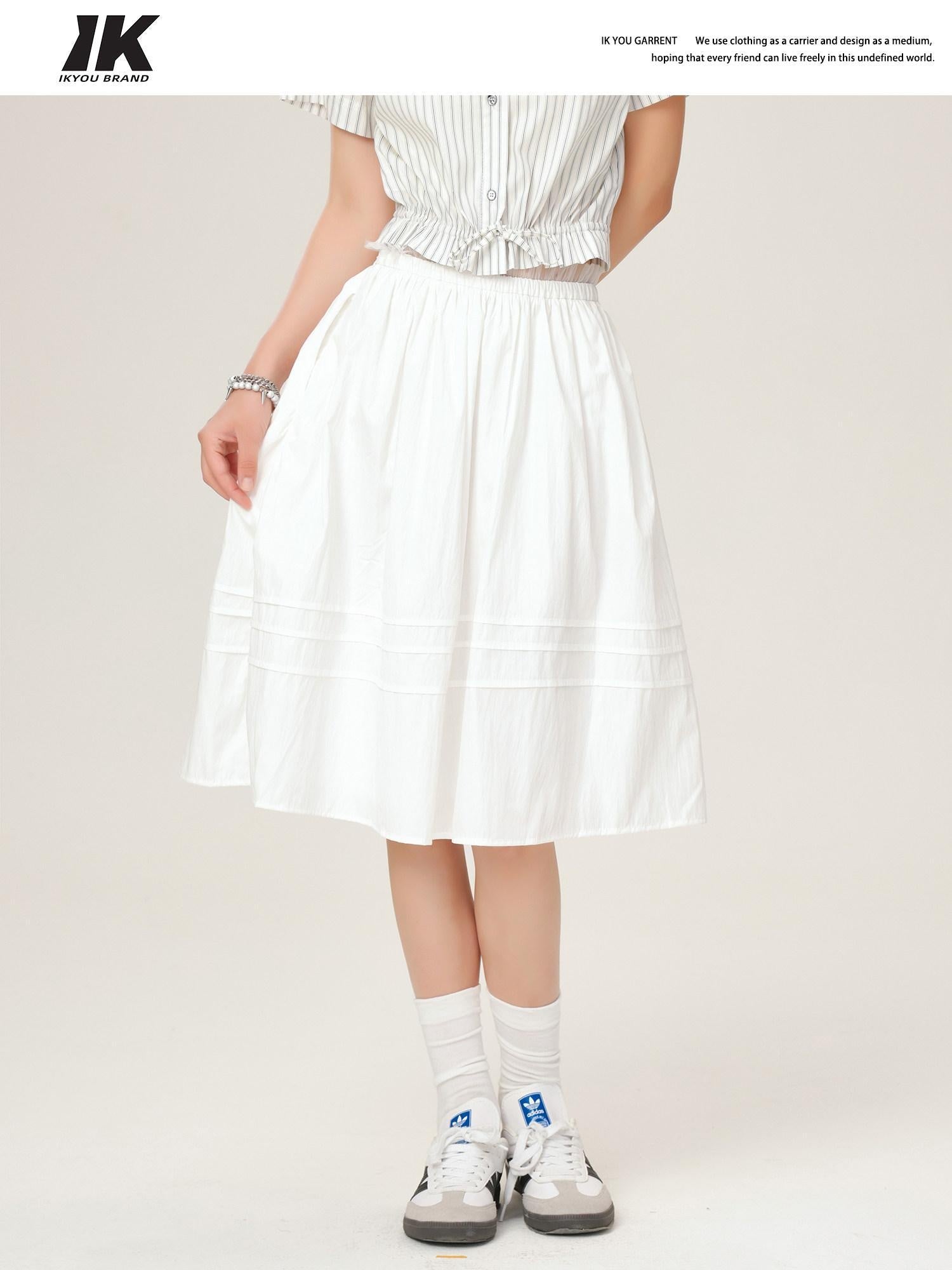 ikyou High Waist 100 Percent Cotton Resin Colorfast A Line Casual White Midi Skirts